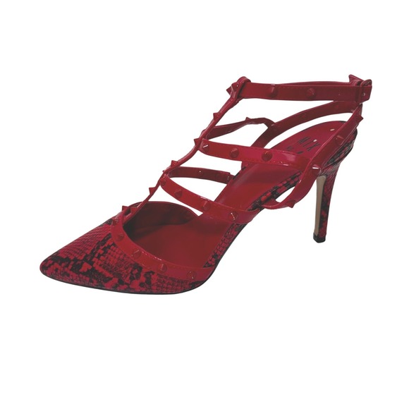 Mix No. 6 Shoes - Mix No. 6 Womens 9.5 Red Snakeskin Caged Studded Pointed Toe Stiletto Pumps